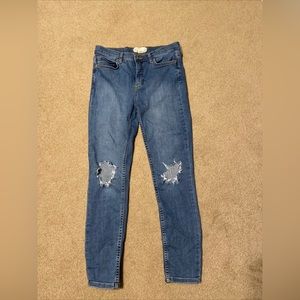 Free People Busted Knee Skinny High Rise Blue Jeans Distressed Holes